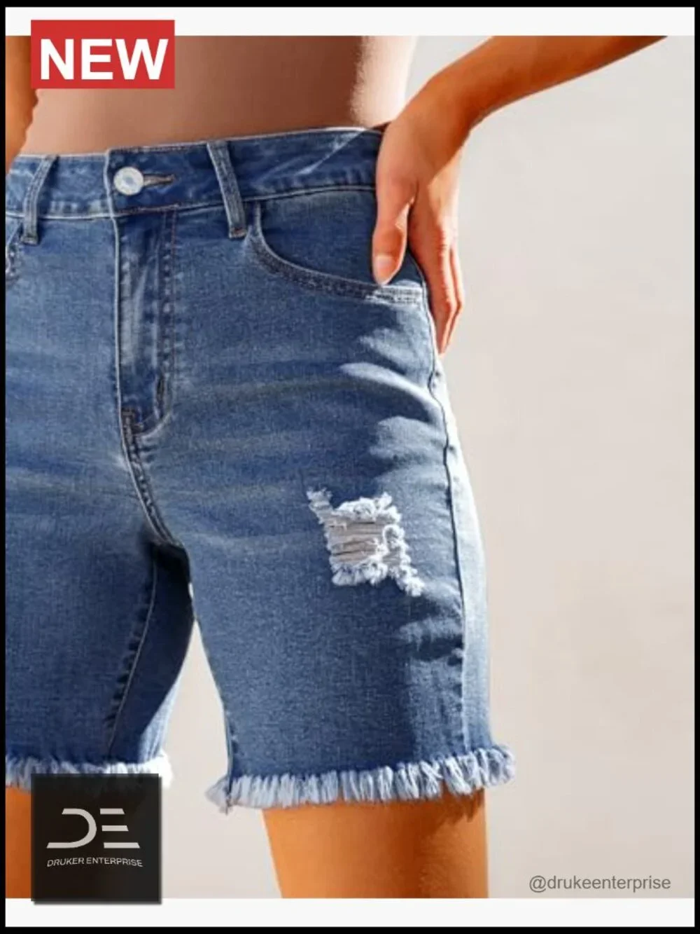 High Waisted Distressed Stretchy Denim Long Shorts with Raw Hem